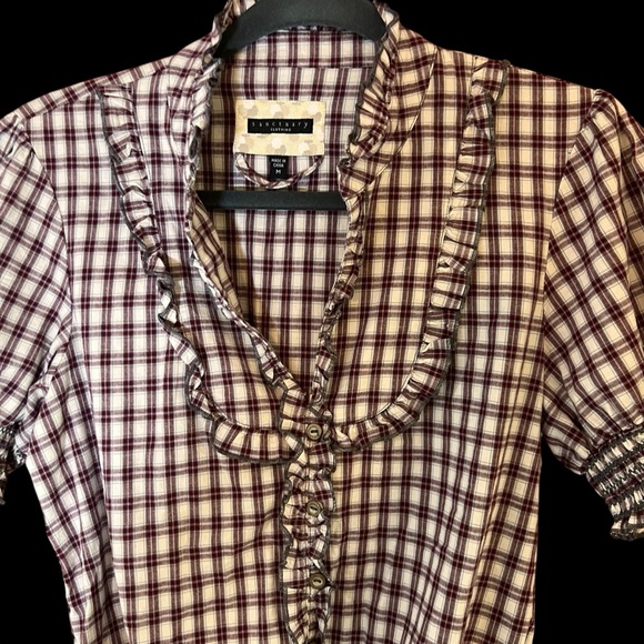 Sanctuary | Anthropology Plaid Smocked Waist Short Sleeve Top Blouse Country Med - Picture 5 of 11